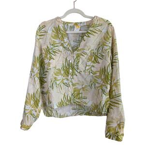 C&C California Linen Top Womens M Green‎ Palm Tree Print Roll Tab Sleeves